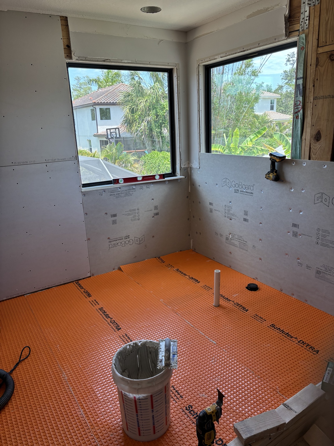 Bathroom waterproofing and wall-board installation